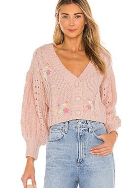 For Love & Lemons Amaryllis Cropped Pink Braided Knit Floral Cardigan Sweater